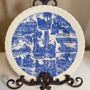 Vernon Kilns Florida Empire of the Sun Blue Transferware Souvenir Plate 10.5in